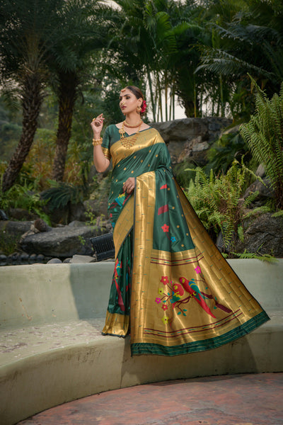Indyancart GR Women's Muniya Bottle Green Zari Paithani Silk Saree