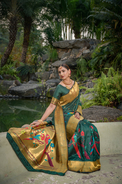 Indyancart GR Women's Muniya Bottle Green Zari Paithani Silk Saree