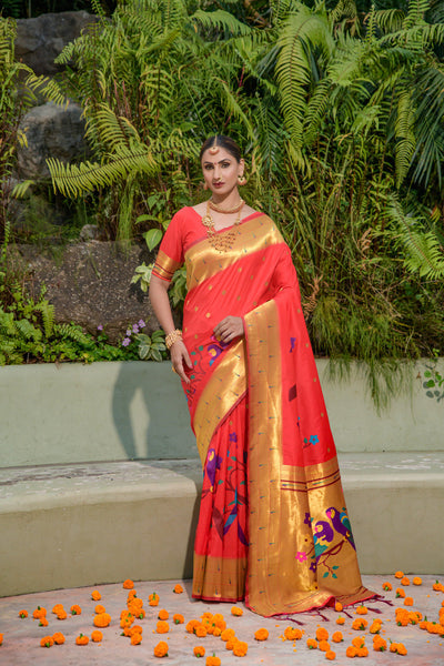 Indyancart GR Women's Muniya Red Zari Paithani Silk Saree