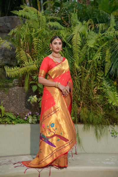 Indyancart GR Women's Muniya Red Zari Paithani Silk Saree