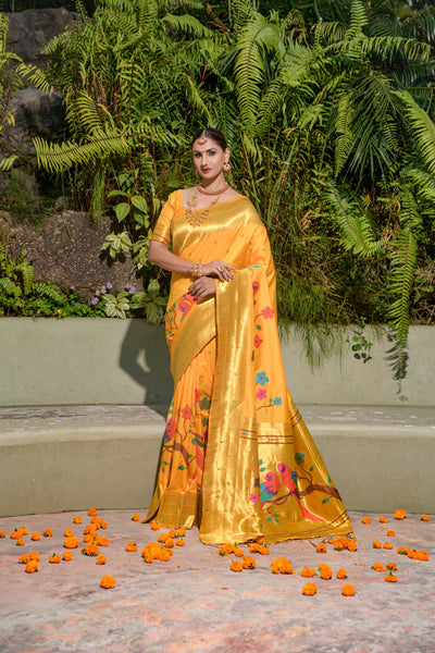 Indyancart GR Women's Muniya Mango Yellow Zari Paithani Silk Saree