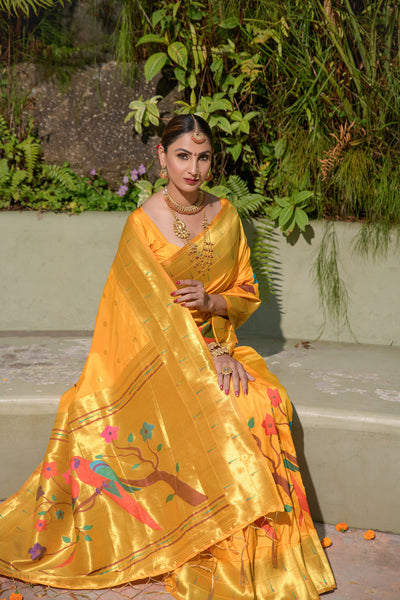 Indyancart GR Women's Muniya Mango Yellow Zari Paithani Silk Saree