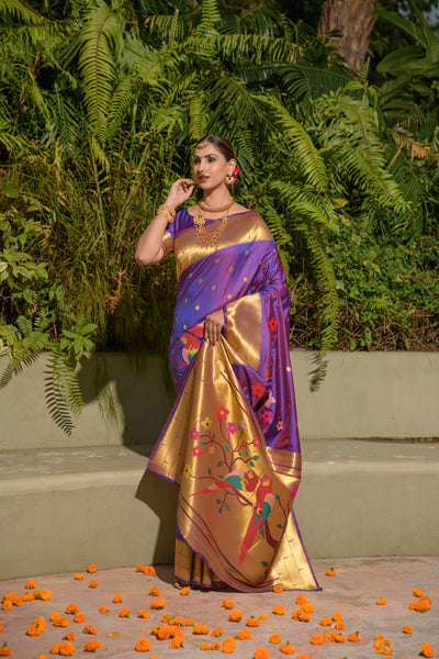 Indyancart GR Women's Muniya Purple Zari Paithani Silk Saree