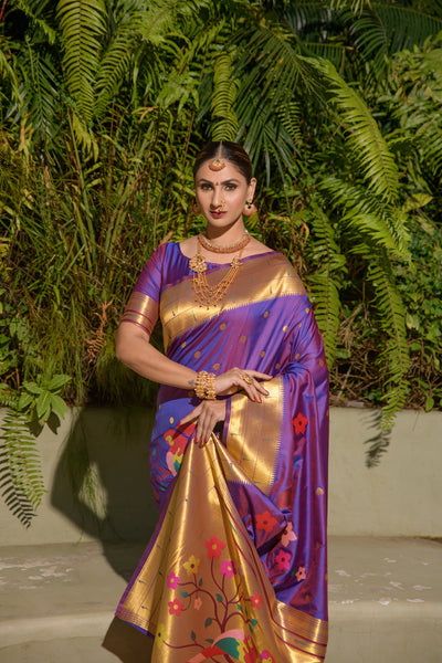Indyancart GR Women's Muniya Purple Zari Paithani Silk Saree