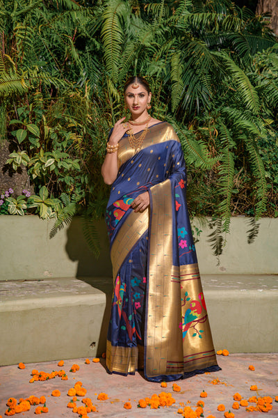 Indyancart GR Women's Muniya Royal Blue Zari Paithani Silk Saree