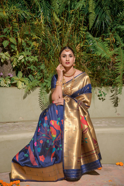 Indyancart GR Women's Muniya Royal Blue Zari Paithani Silk Saree