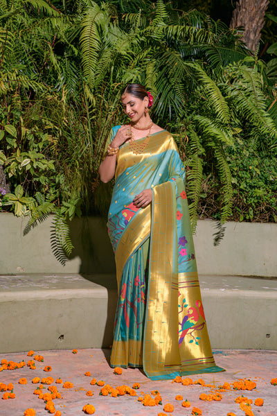 Indyancart GR Women's Muniya Sky Blue Zari Paithani Silk Saree