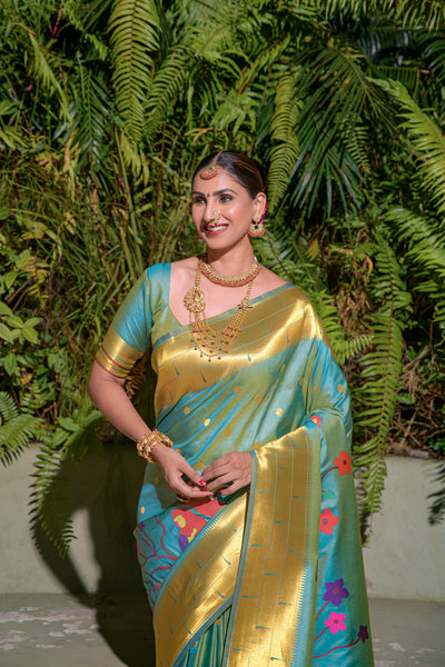 Indyancart GR Women's Muniya Sky Blue Zari Paithani Silk Saree