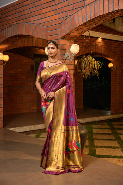 Indyancart GR Women's Muniya Wine Zari Paithani Silk Saree