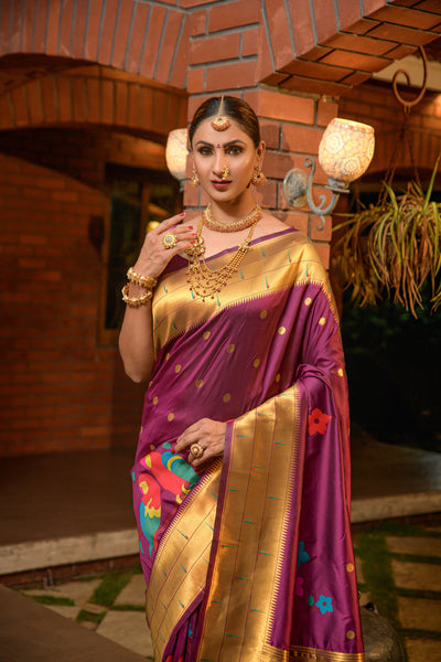 Indyancart GR Women's Muniya Wine Zari Paithani Silk Saree