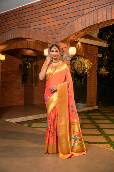 Indyancart GR Women's Muniya Orange Zari Paithani Silk Saree