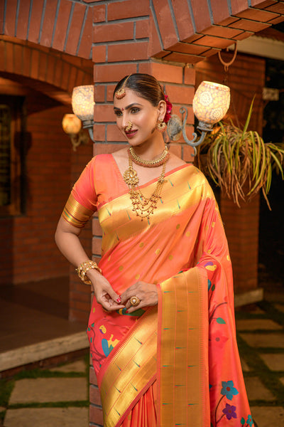 Indyancart GR Women's Muniya Orange Zari Paithani Silk Saree