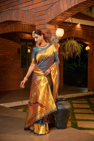 Indyancart GR Women's Muniya Cyan Blue Zari Paithani Silk Saree