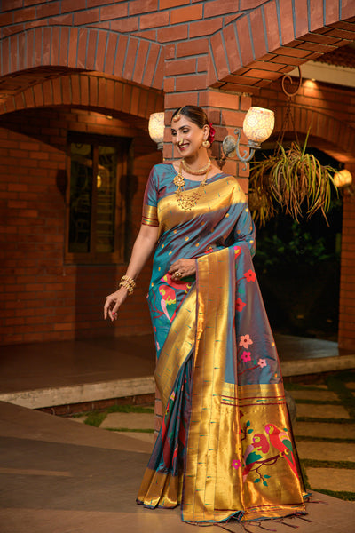 Indyancart GR Women's Muniya Cyan Blue Zari Paithani Silk Saree