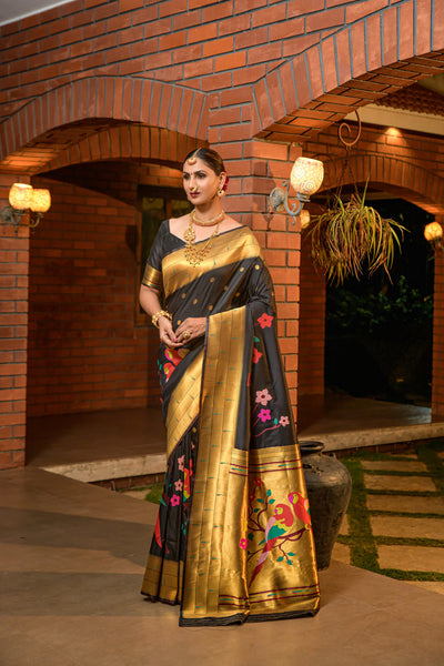 Indyancart GR Women's Muniya Black Zari Paithani Silk Saree