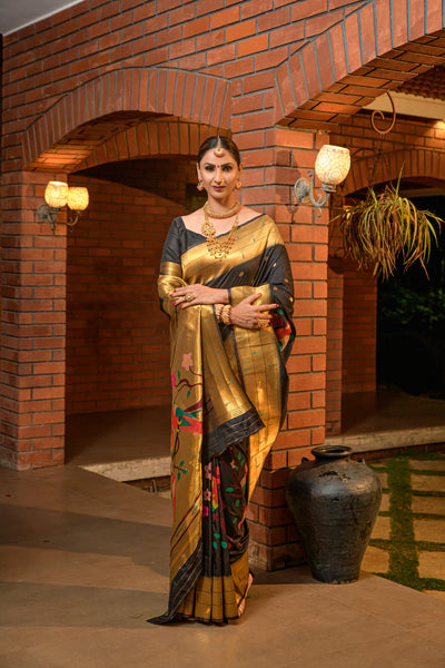 Indyancart GR Women's Muniya Black Zari Paithani Silk Saree