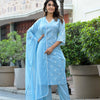 Dhiyona VR Women's Blue Chikankari Embroidered V Neck Kurta Set With Dupatta