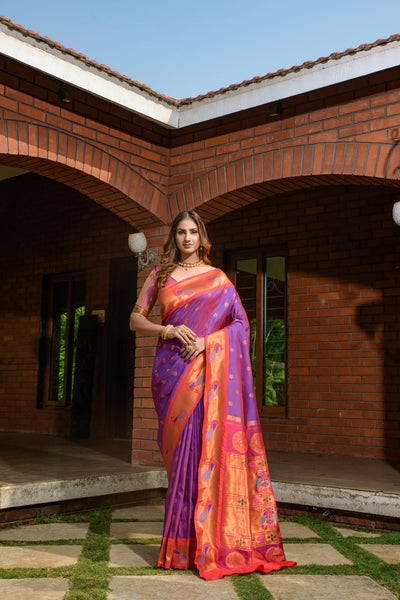 Indyancart GR Women's Priyanka Purple Zari Paithani Silk Saree