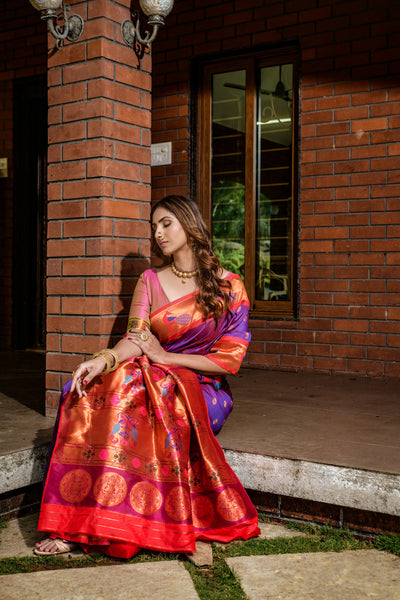 Indyancart GR Women's Priyanka Purple Zari Paithani Silk Saree