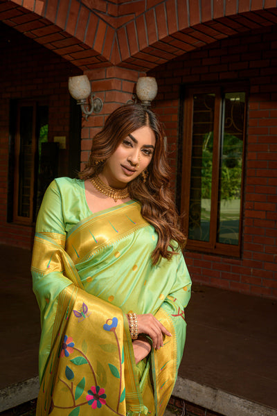 Indyancart GR Women's Butterfly Pista Green Zari Paithani Silk Saree