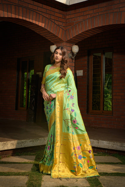 Indyancart GR Women's Butterfly Pista Green Zari Paithani Silk Saree