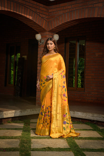 Indyancart GR Women's Butterfly Yellow Zari Paithani Silk Saree