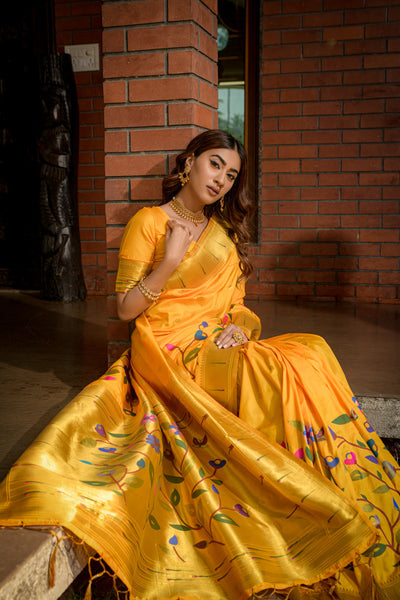 Indyancart GR Women's Butterfly Yellow Zari Paithani Silk Saree