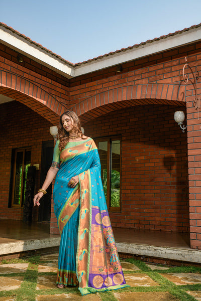 Indyancart GR Women's Priyanka Cyan Blue Zari Paithani Silk Saree
