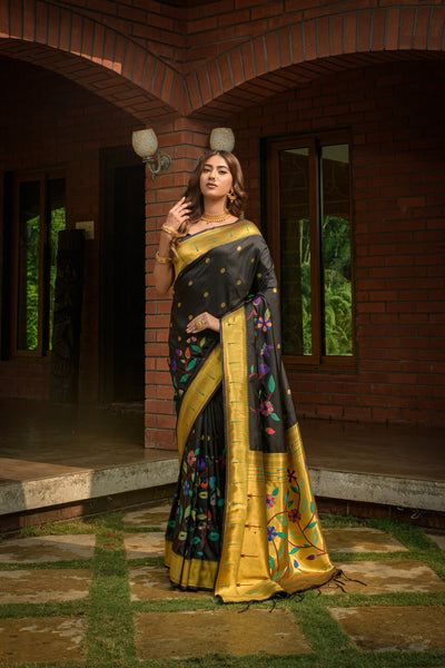 Indyancart GR Women's Butterfly Black Zari Paithani Silk Saree