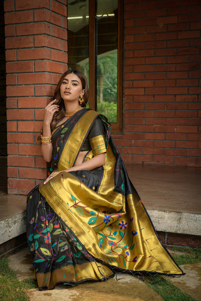 Indyancart GR Women's Butterfly Black Zari Paithani Silk Saree