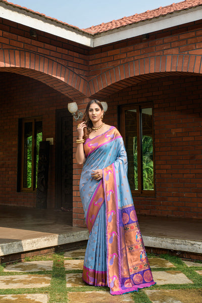 Indyancart GR Women's Priyanka Sky Blue Zari Paithani Silk Saree