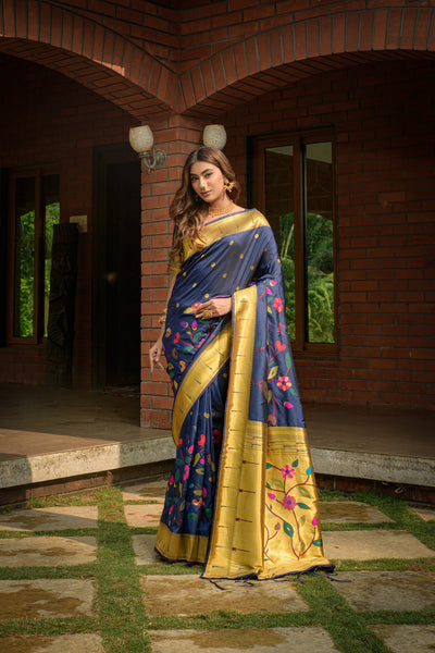 Indyancart GR Women's Butterfly Navy Blue Zari Paithani Silk Saree
