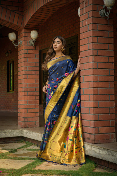Indyancart GR Women's Butterfly Navy Blue Zari Paithani Silk Saree