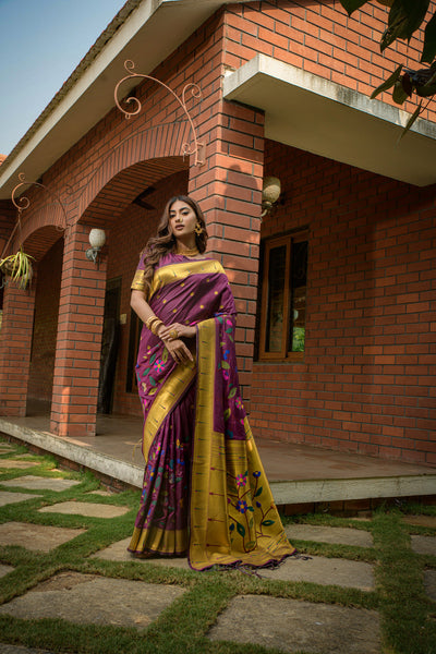 Indyancart GR Women's Butterfly Wine Zari Paithani Silk Saree