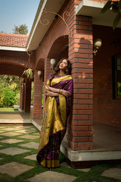 Indyancart GR Women's Butterfly Wine Zari Paithani Silk Saree