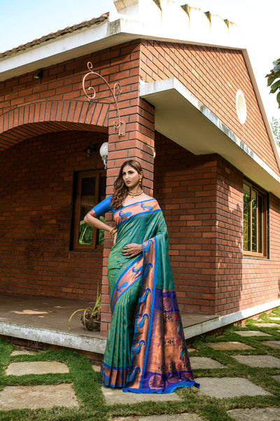 Indyancart GR Women's Priyanka Green Zari Paithani Silk Saree