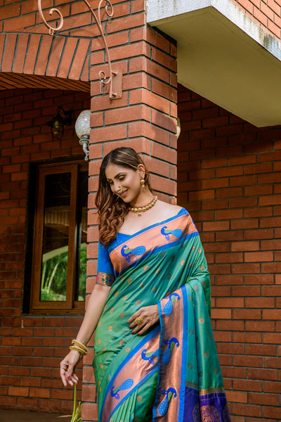 Indyancart GR Women's Priyanka Green Zari Paithani Silk Saree