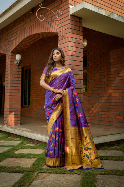 Indyancart GR Women's Butterfly Purple Zari Paithani Silk Saree