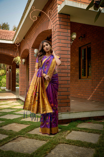 Indyancart GR Women's Butterfly Purple Zari Paithani Silk Saree