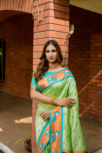 Indyancart GR Women's Priyanka Mint Green Zari Paithani Silk Saree