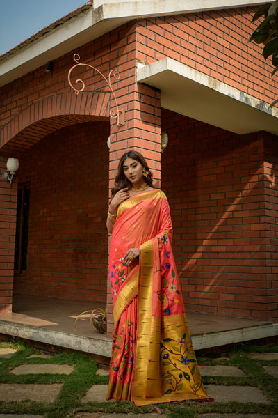 Indyancart GR Women's Butterfly Peachy Pink Zari Paithani Silk Saree