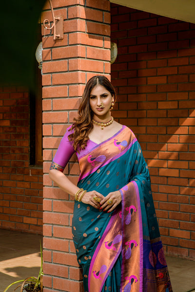 Indyancart GR Women's Priyanka Teal Zari Paithani Silk Saree