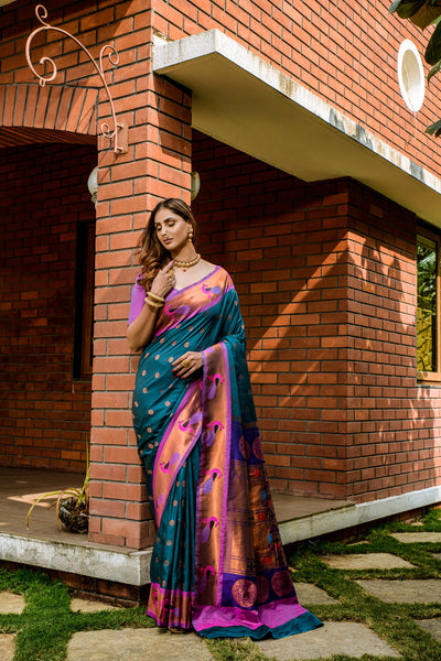 Indyancart GR Women's Priyanka Teal Zari Paithani Silk Saree