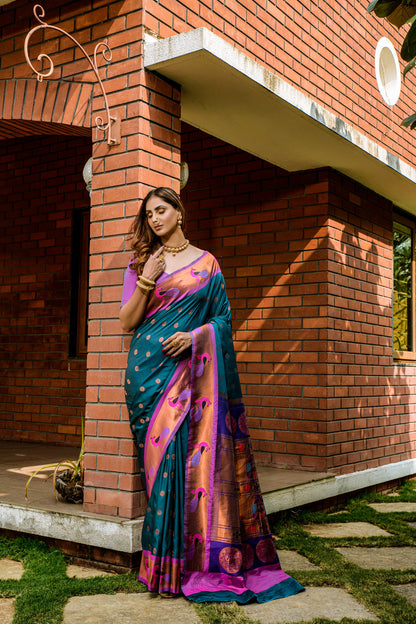 Dhiyona GR Women's Priyanka Teal Zari Paithani Silk Saree