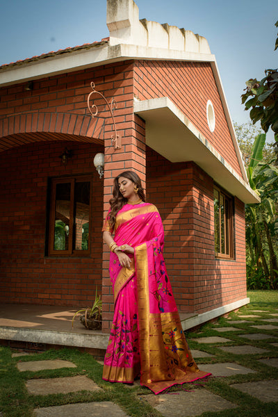 Indyancart GR Women's Butterfly Hot Pink Zari Paithani Silk Saree
