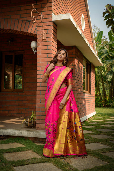 Indyancart GR Women's Butterfly Hot Pink Zari Paithani Silk Saree