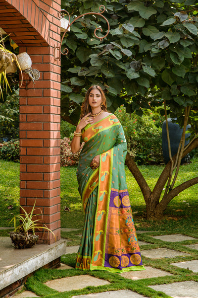 Indyancart GR Women's Priyanka Dark Green Zari Paithani Silk Saree