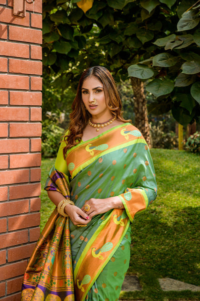 Indyancart GR Women's Priyanka Dark Green Zari Paithani Silk Saree