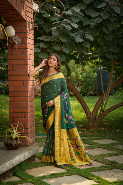 Indyancart GR Women's Butterfly Drak Green Zari Paithani Silk Saree