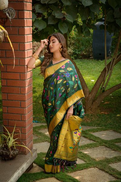 Indyancart GR Women's Butterfly Drak Green Zari Paithani Silk Saree